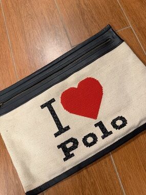 Polo by Ralph Lauren Cream Canvas Zip Pouch with Red Heart and Black Trim